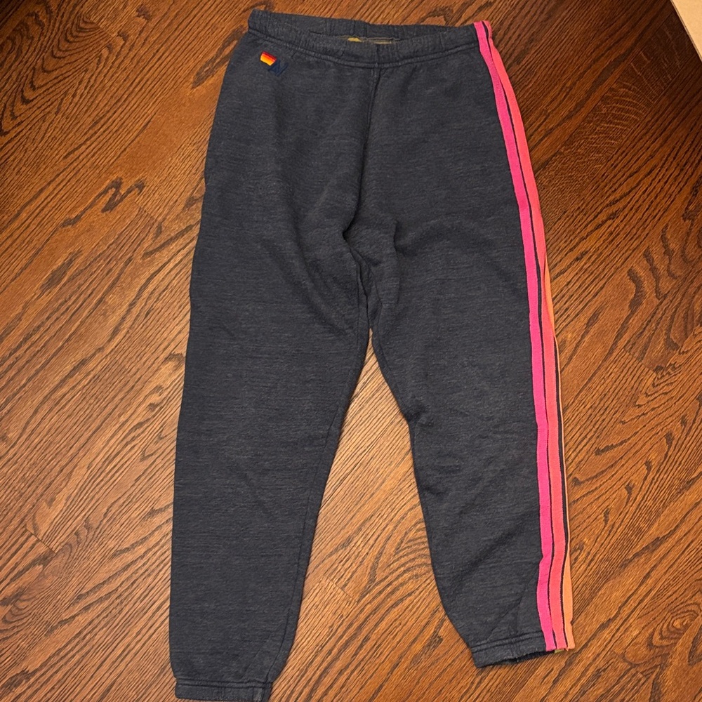 Aviator Nation Women’s Dark Gray Joggers with Pink, Orange, and Yellow Stripes